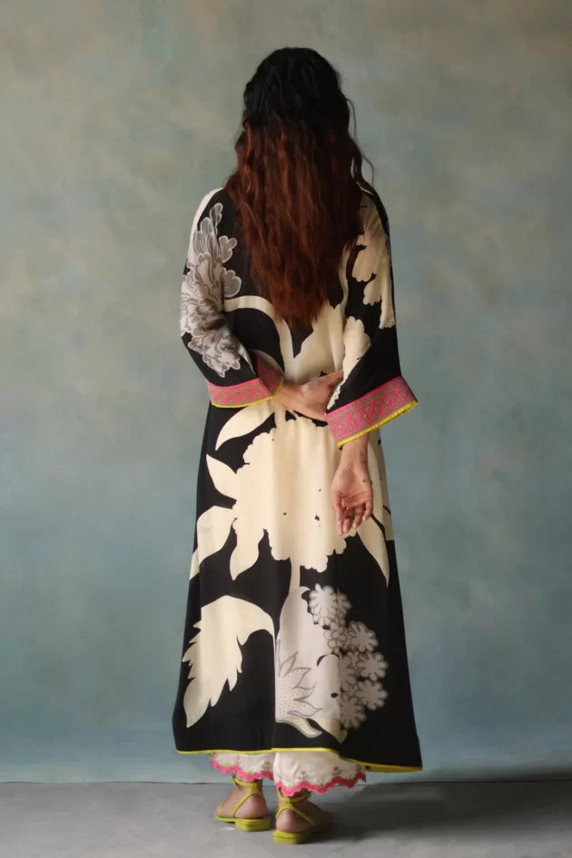 GUL BLACK AND IVORY FLOWER KAFTAN KURTA SET by Rajiramniq for women Worldwide