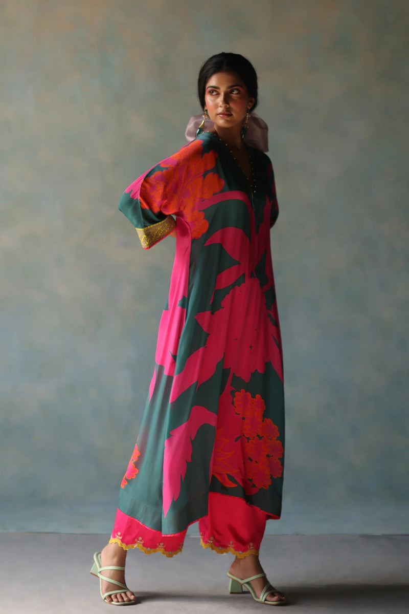 Gul Teal Flower Kaftan Kurta Set crepe , modal satin by Rajiramniq in blue for women Worldwide