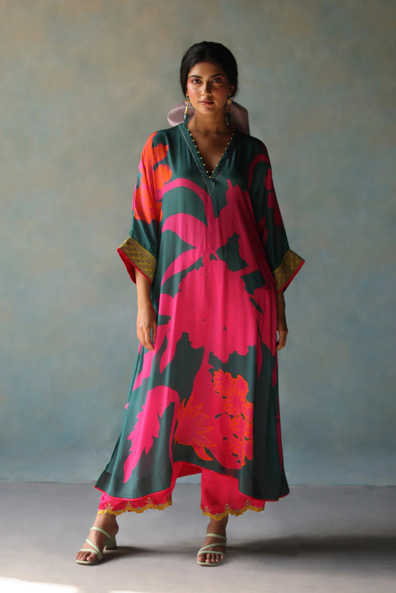 Gul Teal Flower Kaftan Kurta Set crepe , modal satin by Rajiramniq in blue for women Worldwide