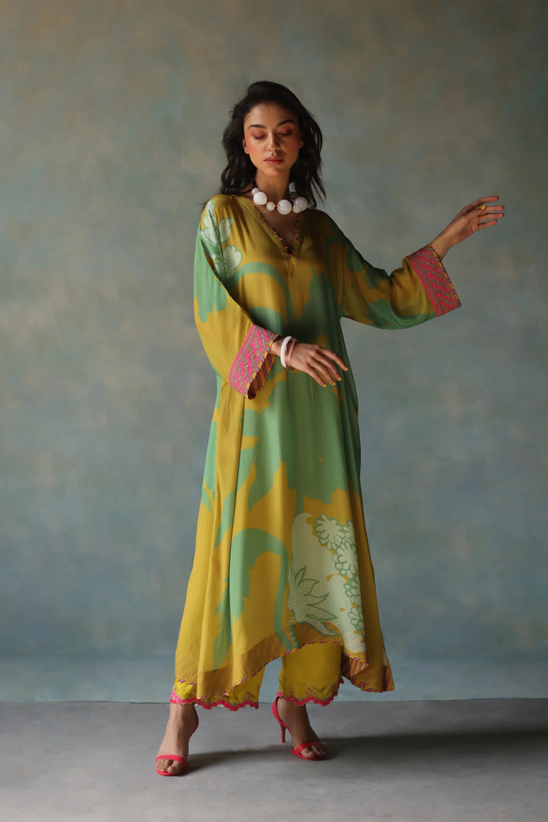 Gul Lime Yellow Flower Kaftan Kurta Set crepe , modal satin by Rajiramniq in yellow for women Worldwide