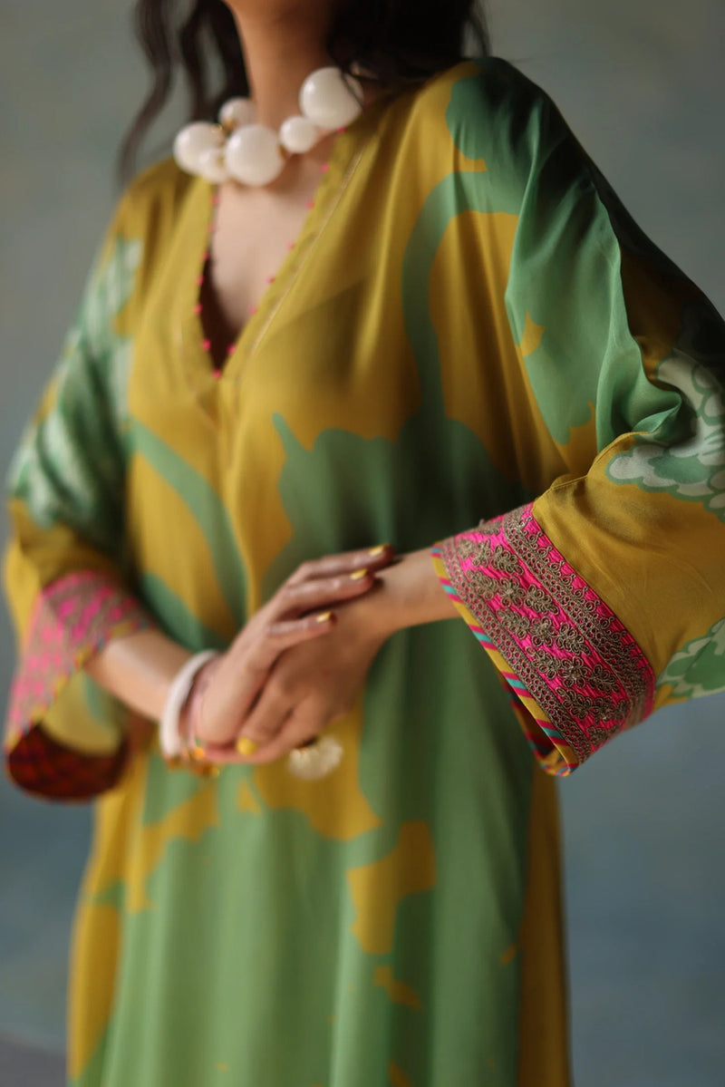 Gul Lime Yellow Flower Kaftan Kurta Set crepe , modal satin by Rajiramniq in yellow for women Worldwide