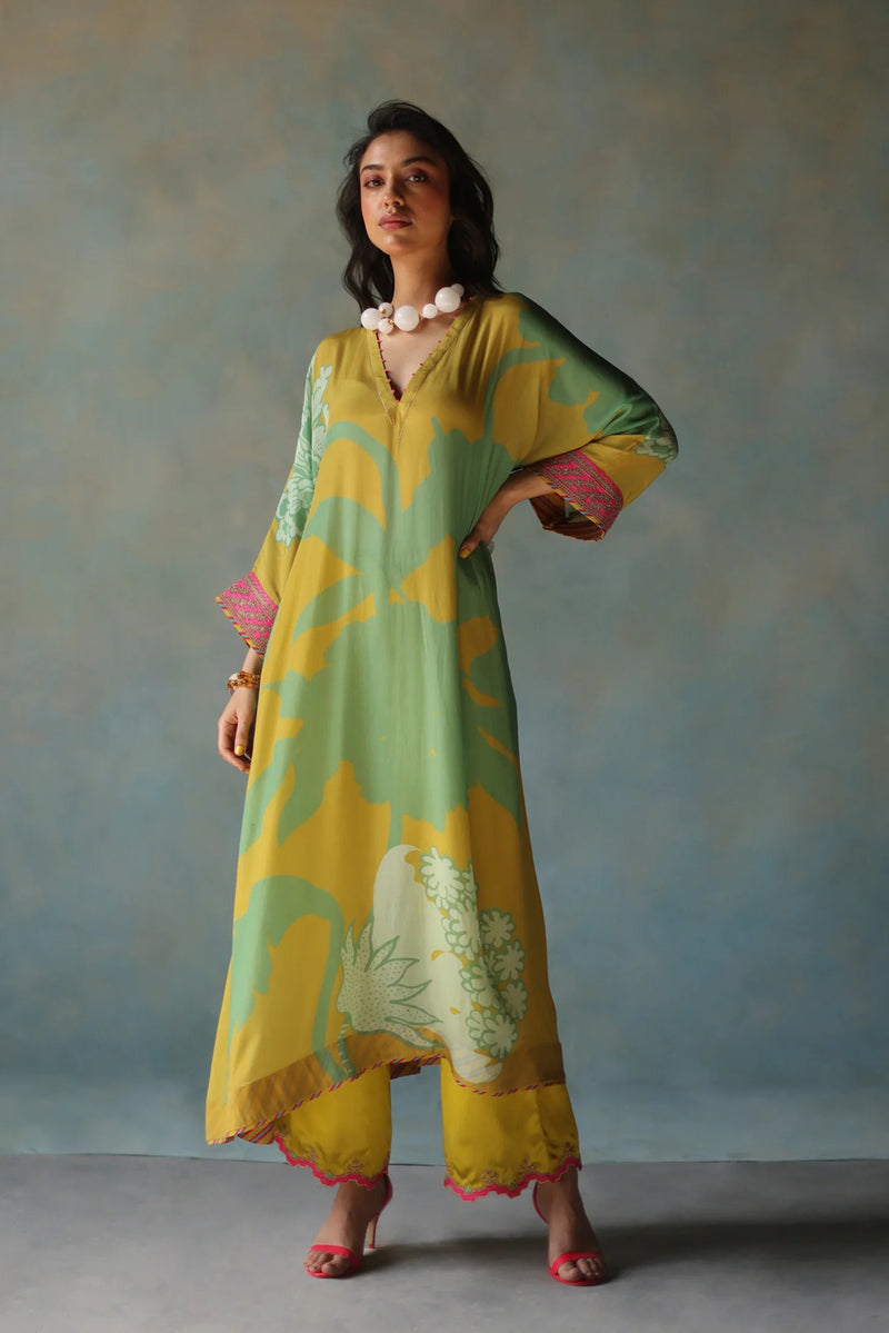 Gul Lime Yellow Flower Kaftan Kurta Set crepe , modal satin by Rajiramniq in yellow for women Worldwide