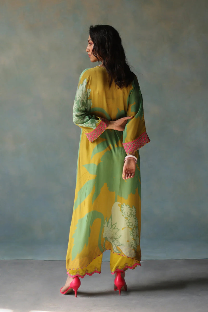 Gul Lime Yellow Flower Kaftan Kurta Set crepe , modal satin by Rajiramniq in yellow for women Worldwide