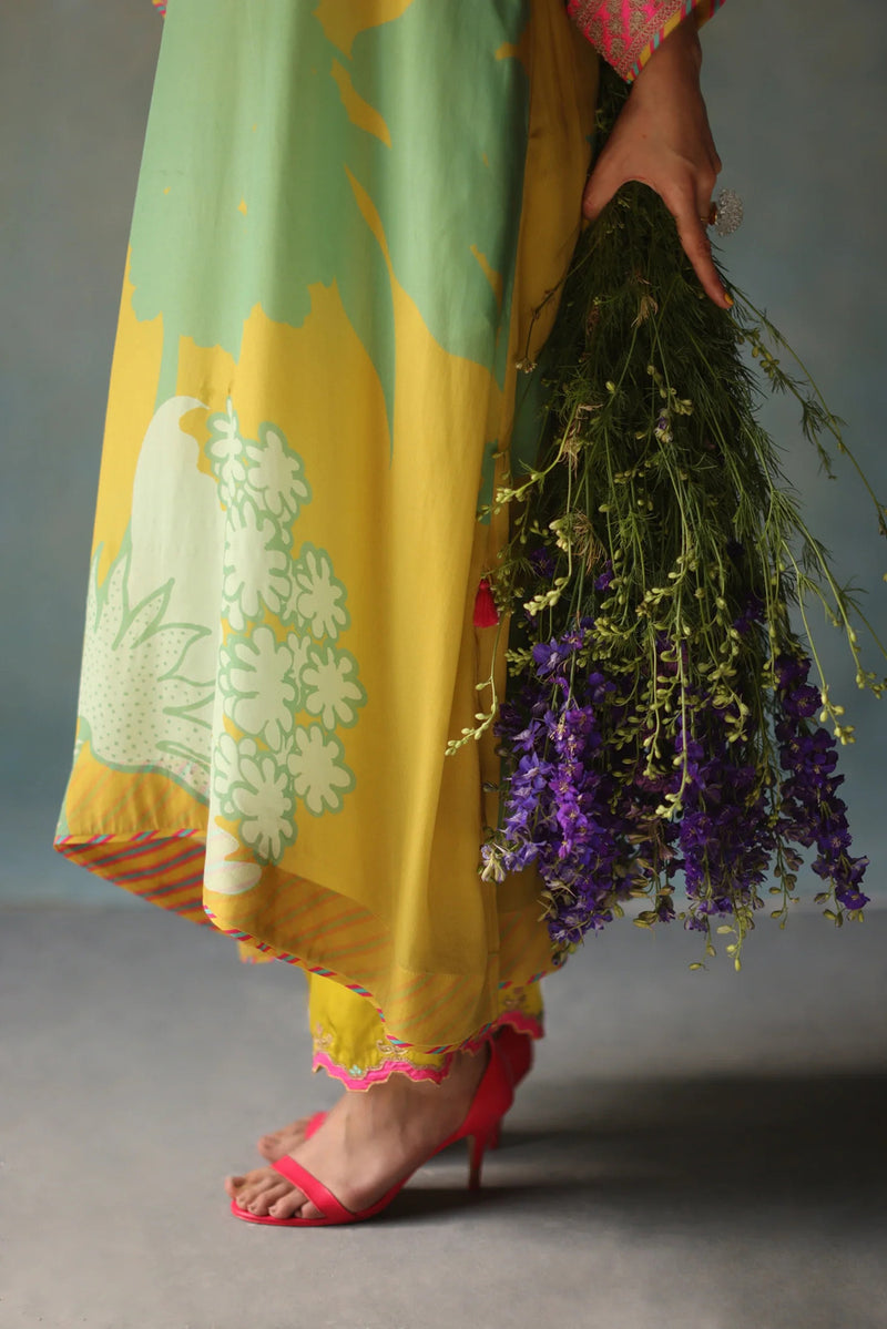 Gul Lime Yellow Flower Kaftan Kurta Set crepe , modal satin by Rajiramniq in yellow for women Worldwide