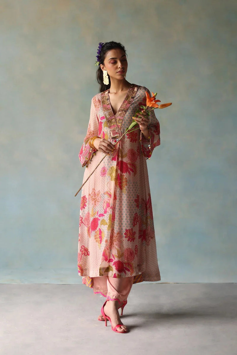 GUL NUDE PINK PRINTED FRONT PLEAT KURTA SET by Rajiramniq for women Worldwide