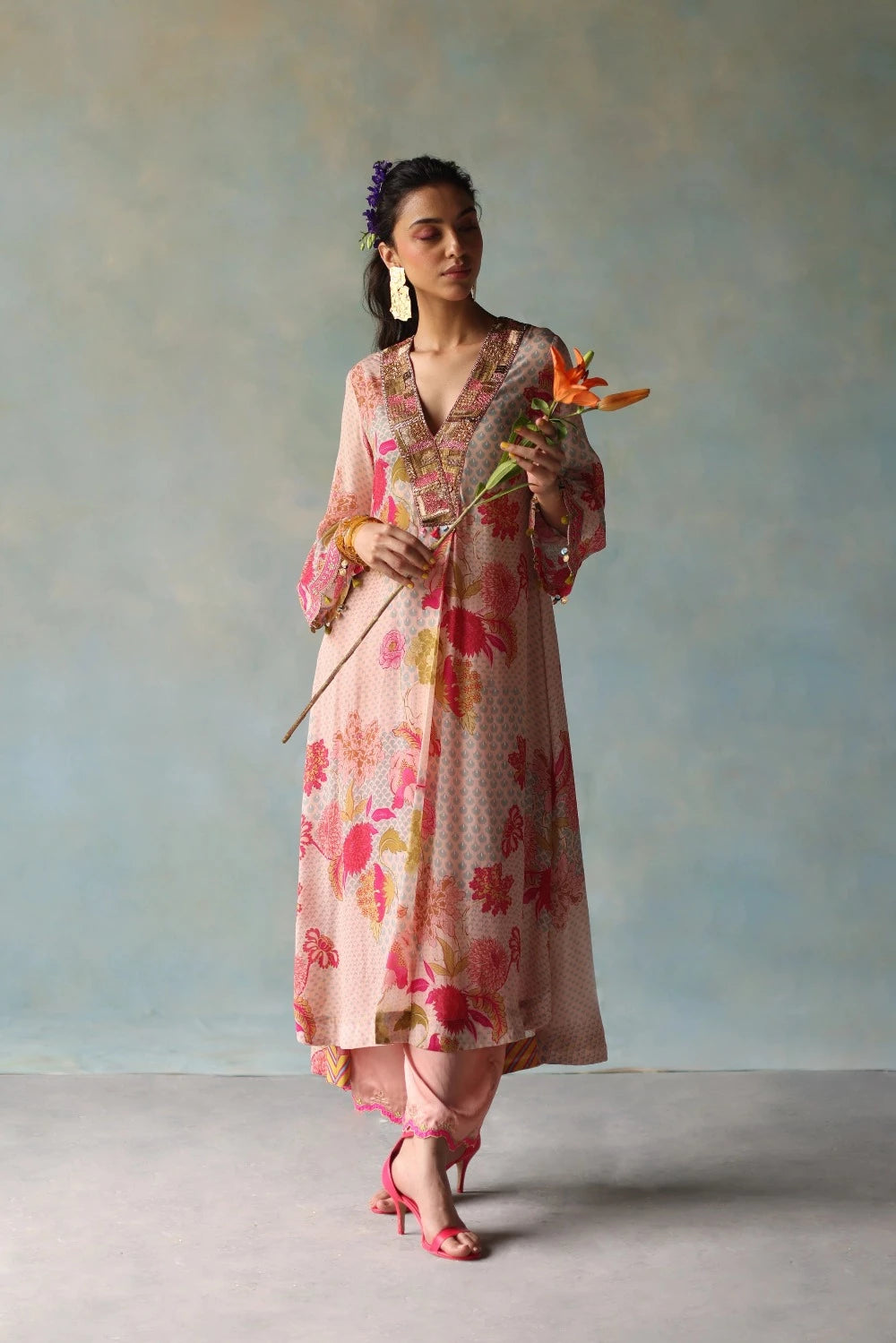 GUL NUDE PINK PRINTED FRONT PLEAT KURTA SET