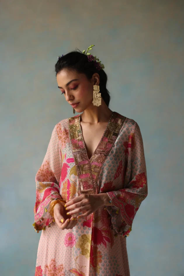 GUL NUDE PINK PRINTED FRONT PLEAT KURTA SET by Rajiramniq for women Worldwide