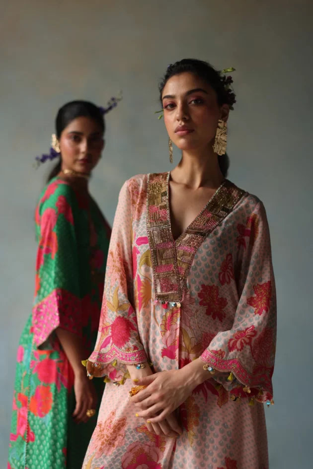GUL NUDE PINK PRINTED FRONT PLEAT KURTA SET by Rajiramniq for women Worldwide