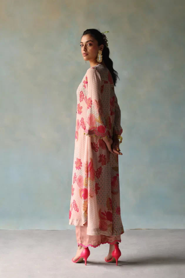GUL NUDE PINK PRINTED FRONT PLEAT KURTA SET by Rajiramniq for women Worldwide