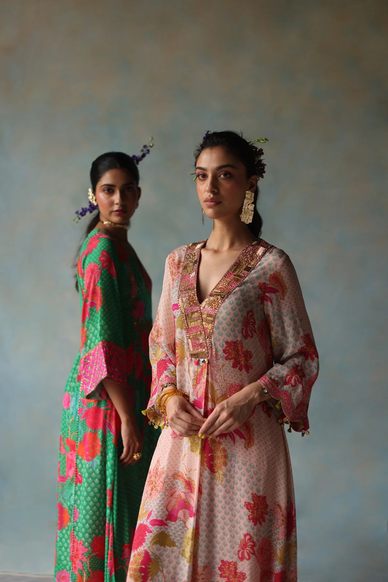 GUL NUDE PINK PRINTED FRONT PLEAT KURTA SET by Rajiramniq for women Worldwide