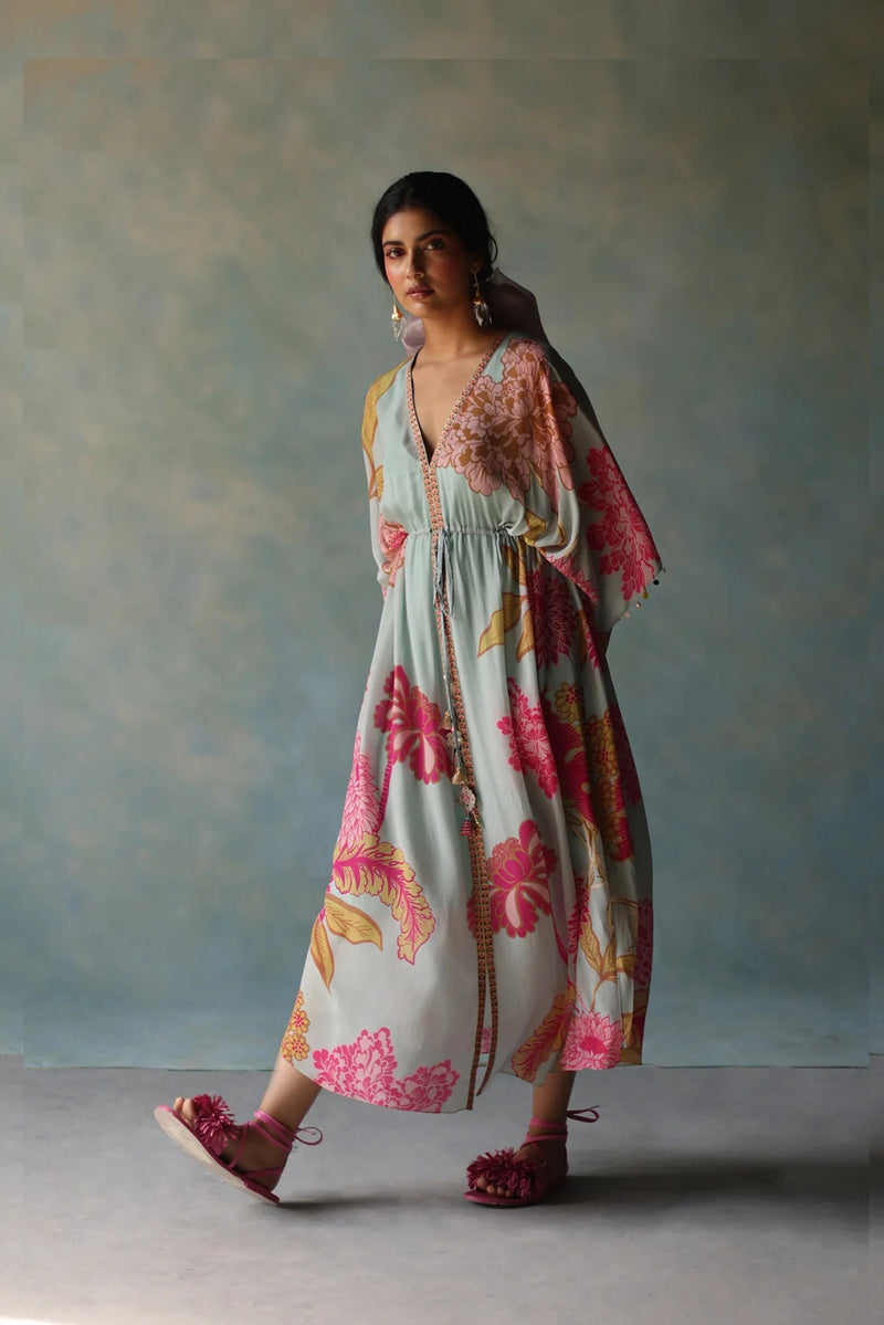 Gul Ice Blue Kaftan Dress crepe indo-western by Rajiramniq in ice blue for women Worldwide