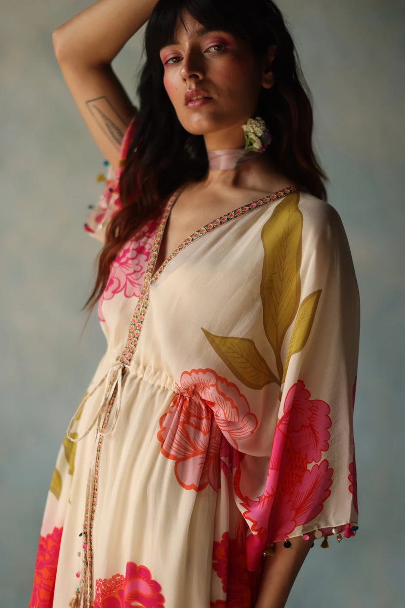 Gul Ivory Kaftan Dress crepe indo-western by Rajiramniq in ivory for women Worldwide