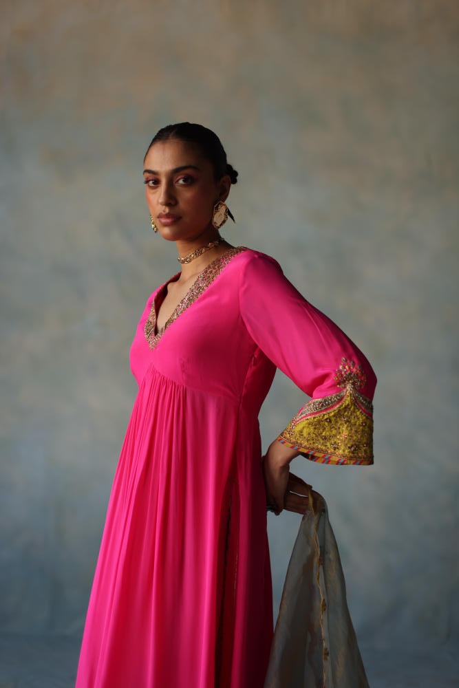 GUL HOT PINK BELL SLEEVE SILK KURTA SET by Rajiramniq for women Worldwide