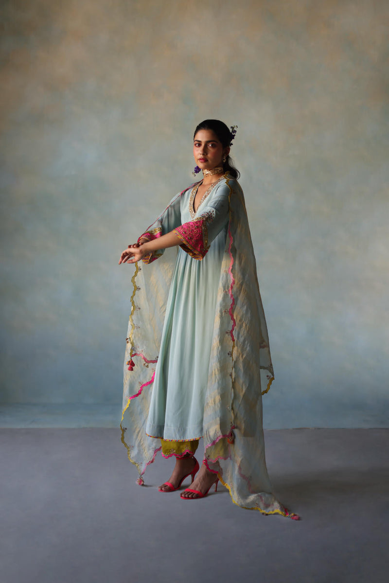 GUL ICE BLUE BELL SLEEVE SILK KURTA SET by Rajiramniq for women Worldwide