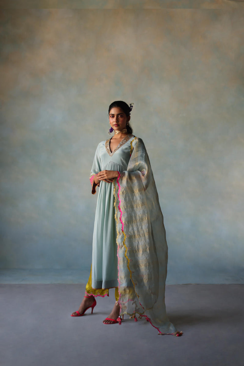 GUL ICE BLUE BELL SLEEVE SILK KURTA SET by Rajiramniq for women Worldwide