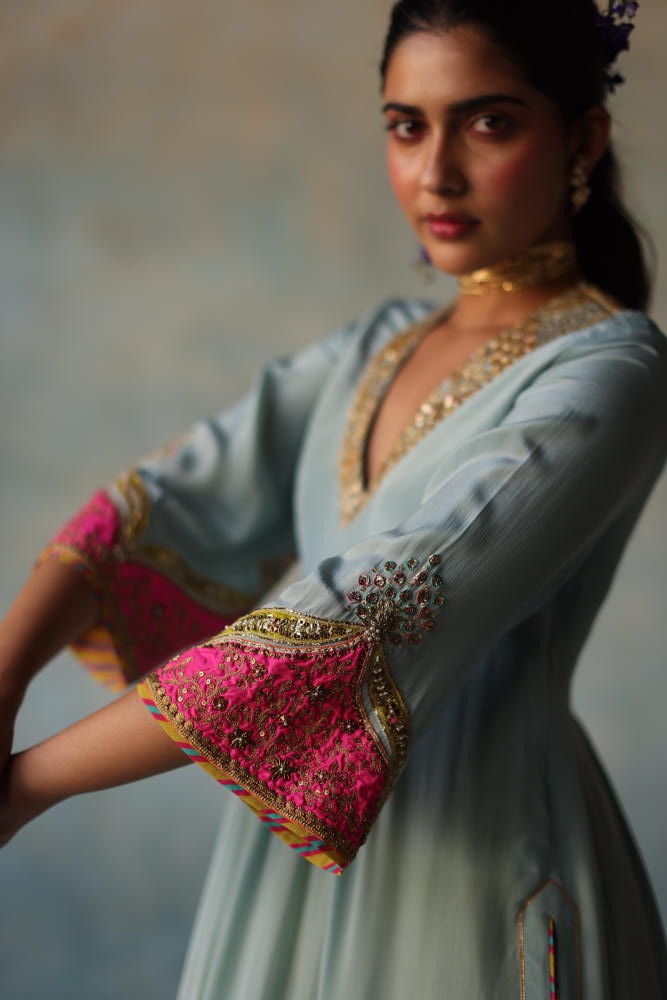 GUL ICE BLUE BELL SLEEVE SILK KURTA SET by Rajiramniq for women Worldwide