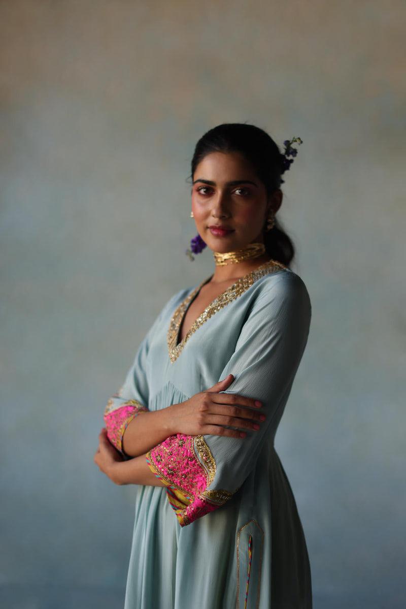 GUL ICE BLUE BELL SLEEVE SILK KURTA SET by Rajiramniq for women Worldwide