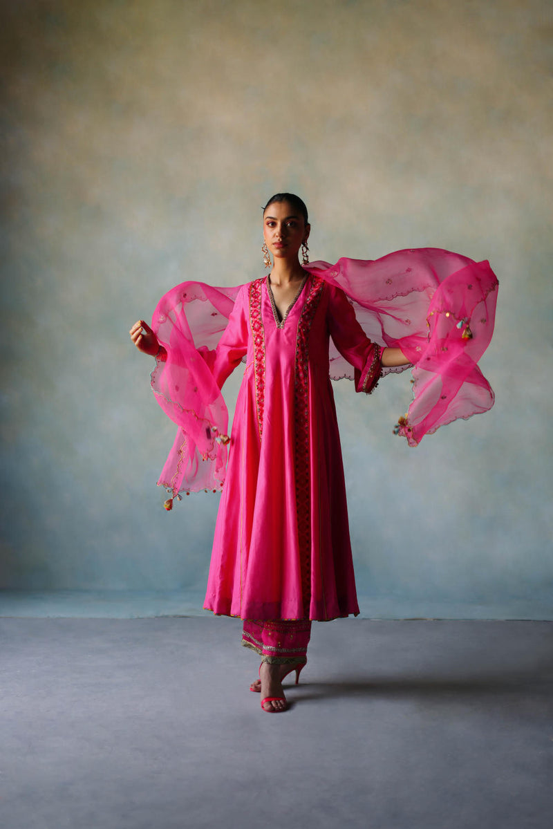GUL HOT PINK SIDE KALI SILK KURTA SET silk by Rajiramniq for women Worldwide