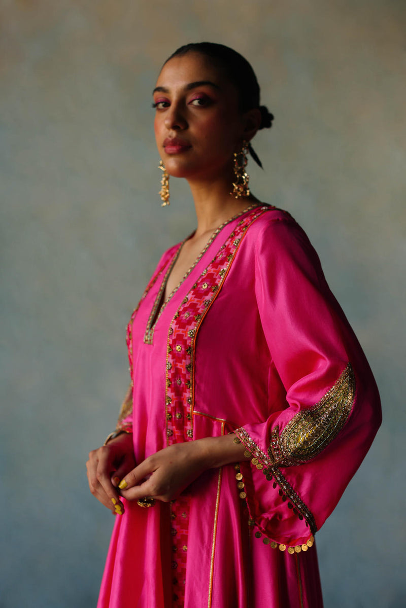 GUL HOT PINK SIDE KALI SILK KURTA SET silk by Rajiramniq for women Worldwide