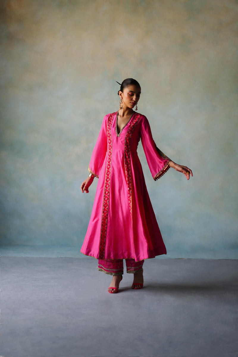 GUL HOT PINK SIDE KALI SILK KURTA SET silk by Rajiramniq for women Worldwide