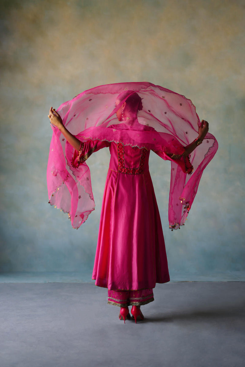 GUL HOT PINK SIDE KALI SILK KURTA SET silk by Rajiramniq for women Worldwide