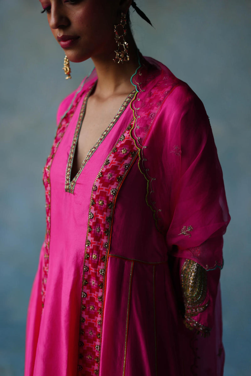 GUL HOT PINK SIDE KALI SILK KURTA SET silk by Rajiramniq for women Worldwide