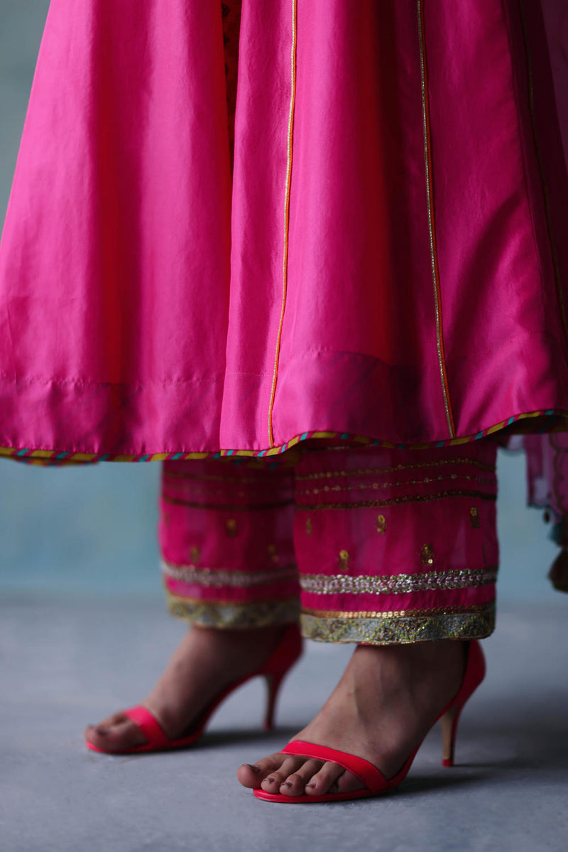 GUL HOT PINK SIDE KALI SILK KURTA SET silk by Rajiramniq for women Worldwide