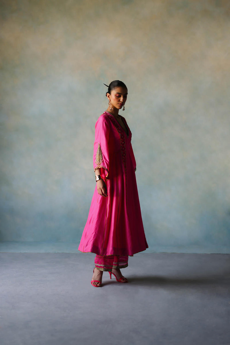 GUL HOT PINK SIDE KALI SILK KURTA SET silk by Rajiramniq for women Worldwide