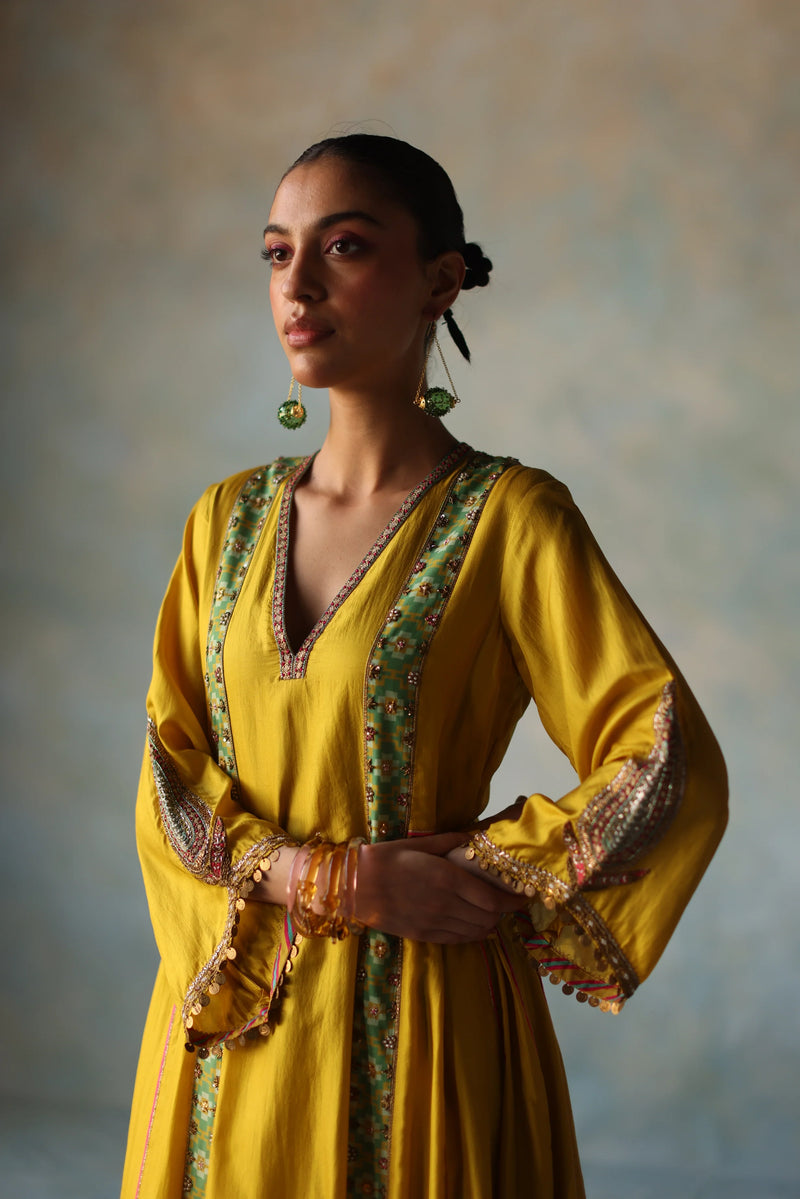 GUL LIME YELLOW SIDE KALI SILK KURTA SET silk by Rajiramniq for women Worldwide