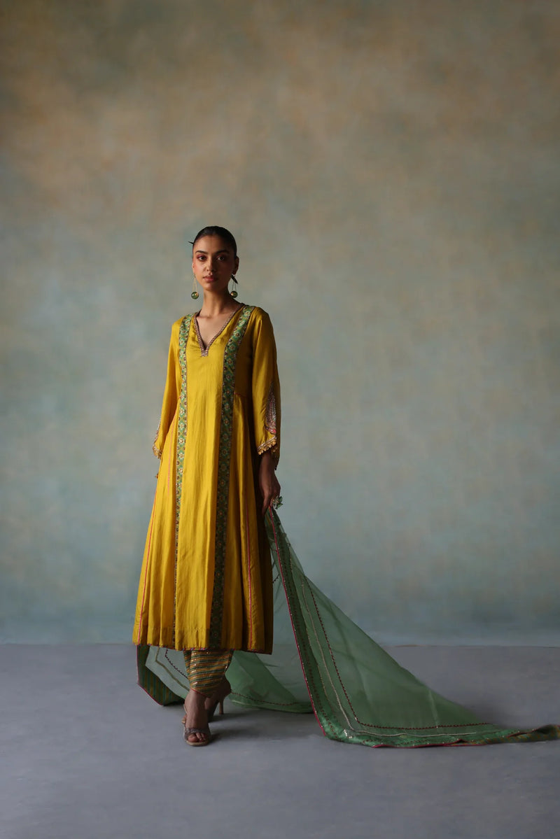 GUL LIME YELLOW SIDE KALI SILK KURTA SET silk by Rajiramniq for women Worldwide