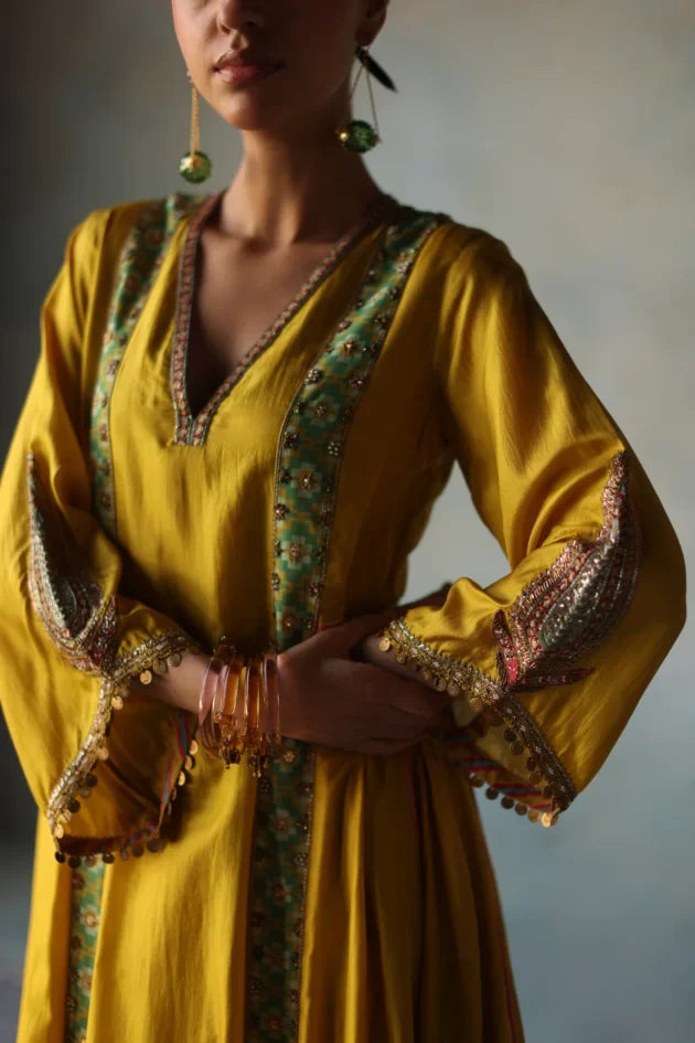 GUL LIME YELLOW SIDE KALI SILK KURTA SET silk by Rajiramniq for women Worldwide