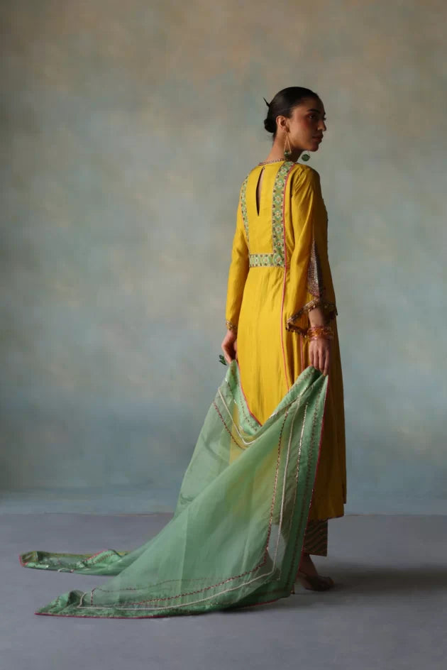 GUL LIME YELLOW SIDE KALI SILK KURTA SET silk by Rajiramniq for women Worldwide