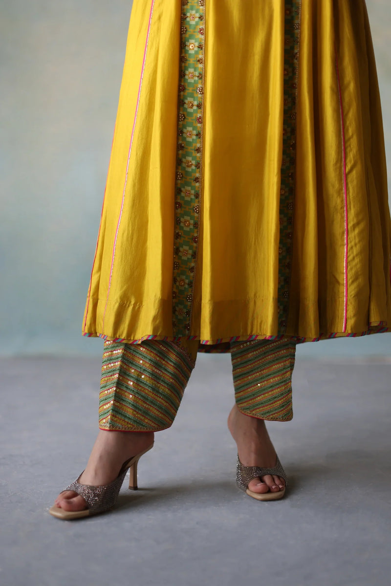 GUL LIME YELLOW SIDE KALI SILK KURTA SET silk by Rajiramniq for women Worldwide