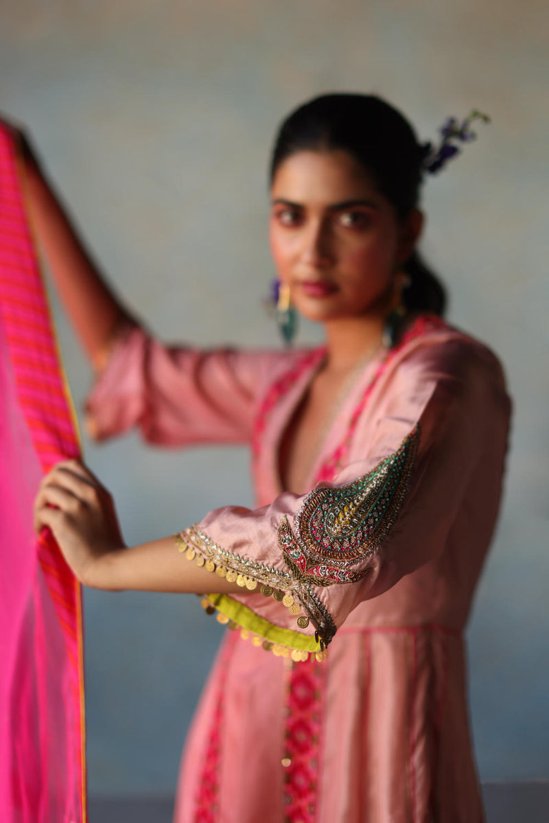GUL NUDE PINK SIDE KALI SILK KURTA SET silk by Rajiramniq for women Worldwide