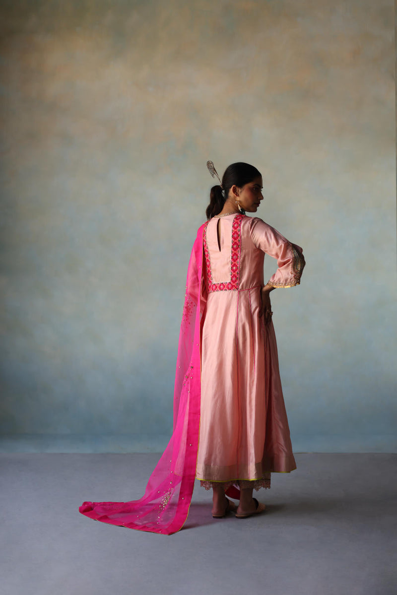 GUL NUDE PINK SIDE KALI SILK KURTA SET silk by Rajiramniq for women Worldwide