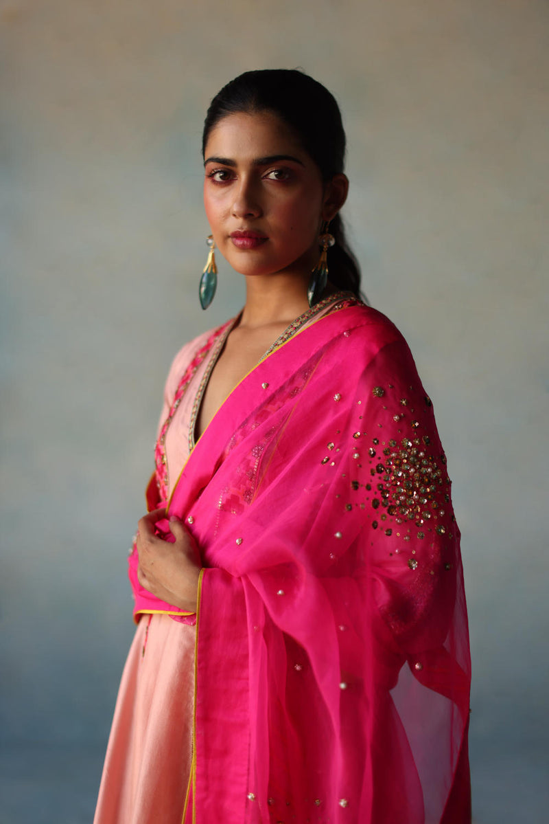 GUL NUDE PINK SIDE KALI SILK KURTA SET silk by Rajiramniq for women Worldwide