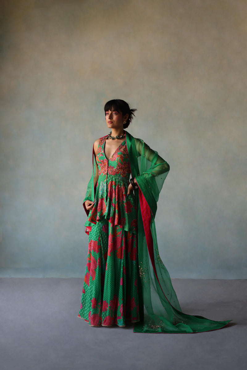 GUL GREEN CREPE PEPLUM SHARARA SET by Rajiramniq for women Worldwide