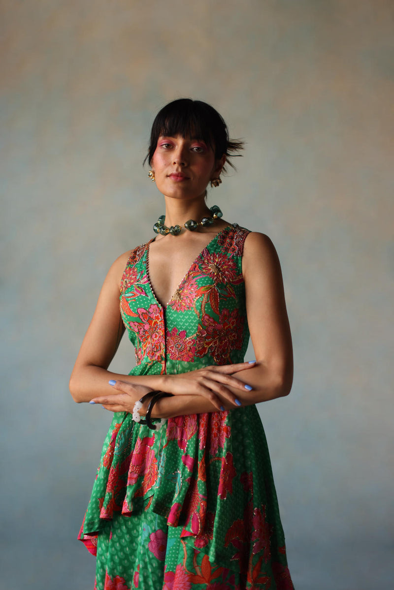 GUL GREEN CREPE PEPLUM SHARARA SET by Rajiramniq for women Worldwide