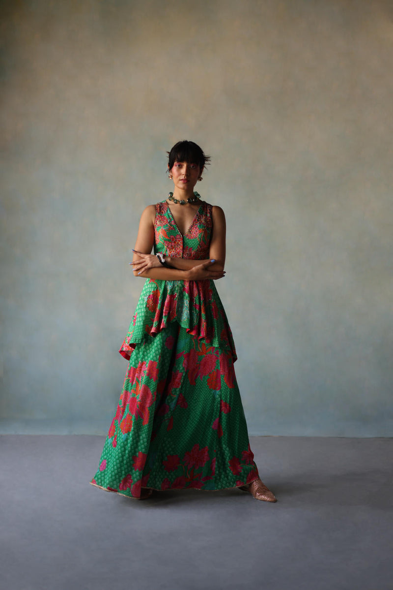 GUL GREEN CREPE PEPLUM SHARARA SET by Rajiramniq for women Worldwide