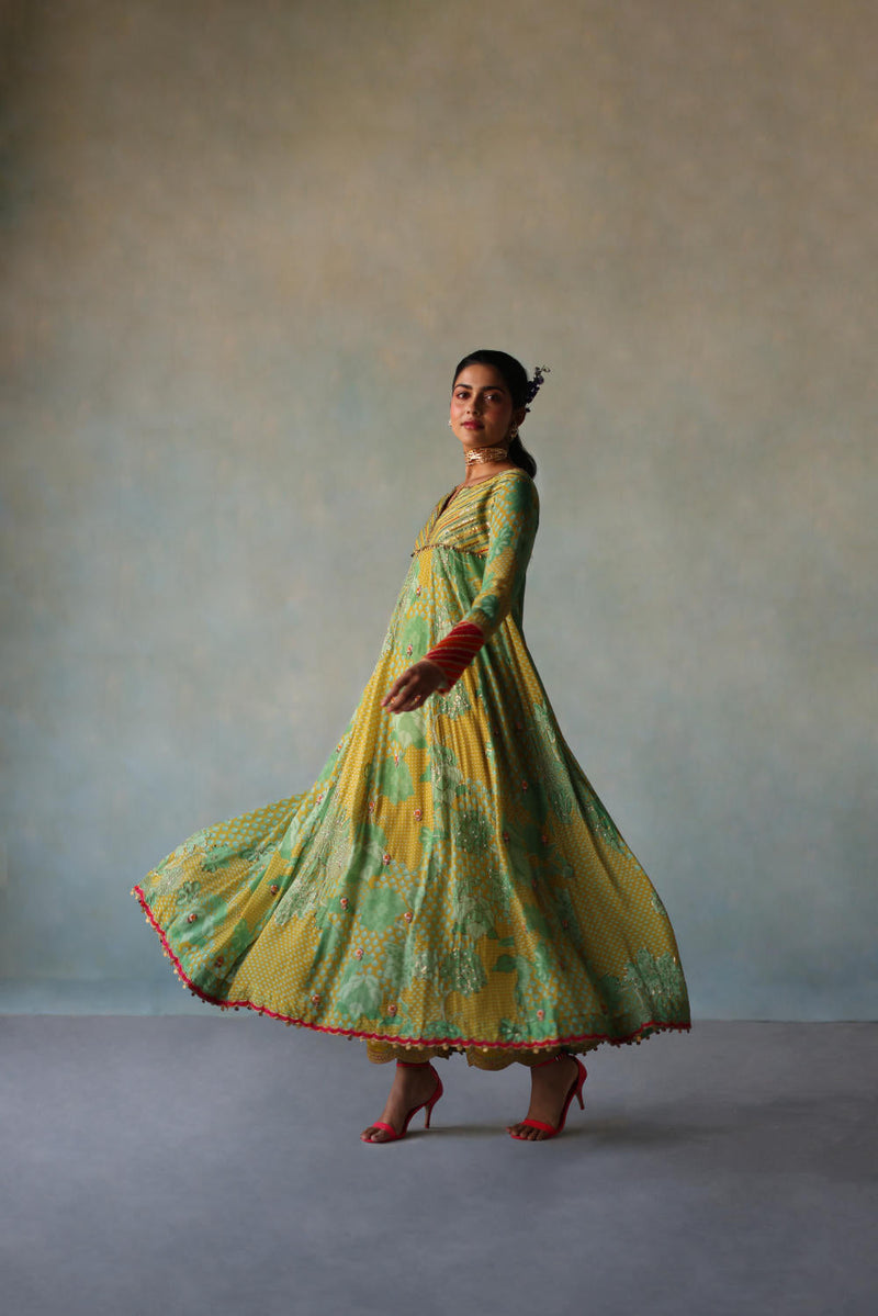 GUL LIME -SAGE GREEN PRINTED CREPE SHORT YOKE ANARKALI SET by Rajiramniq for women Worldwide