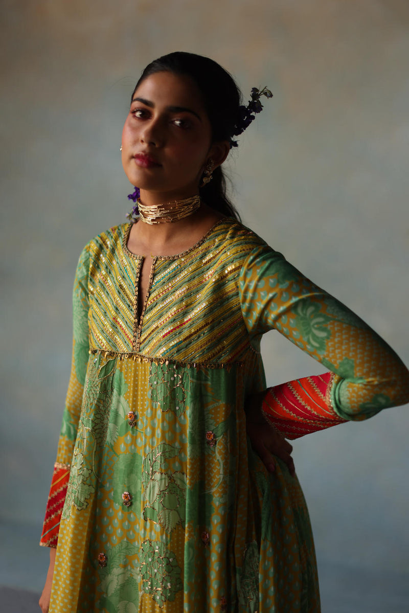 GUL LIME -SAGE GREEN PRINTED CREPE SHORT YOKE ANARKALI SET by Rajiramniq for women Worldwide