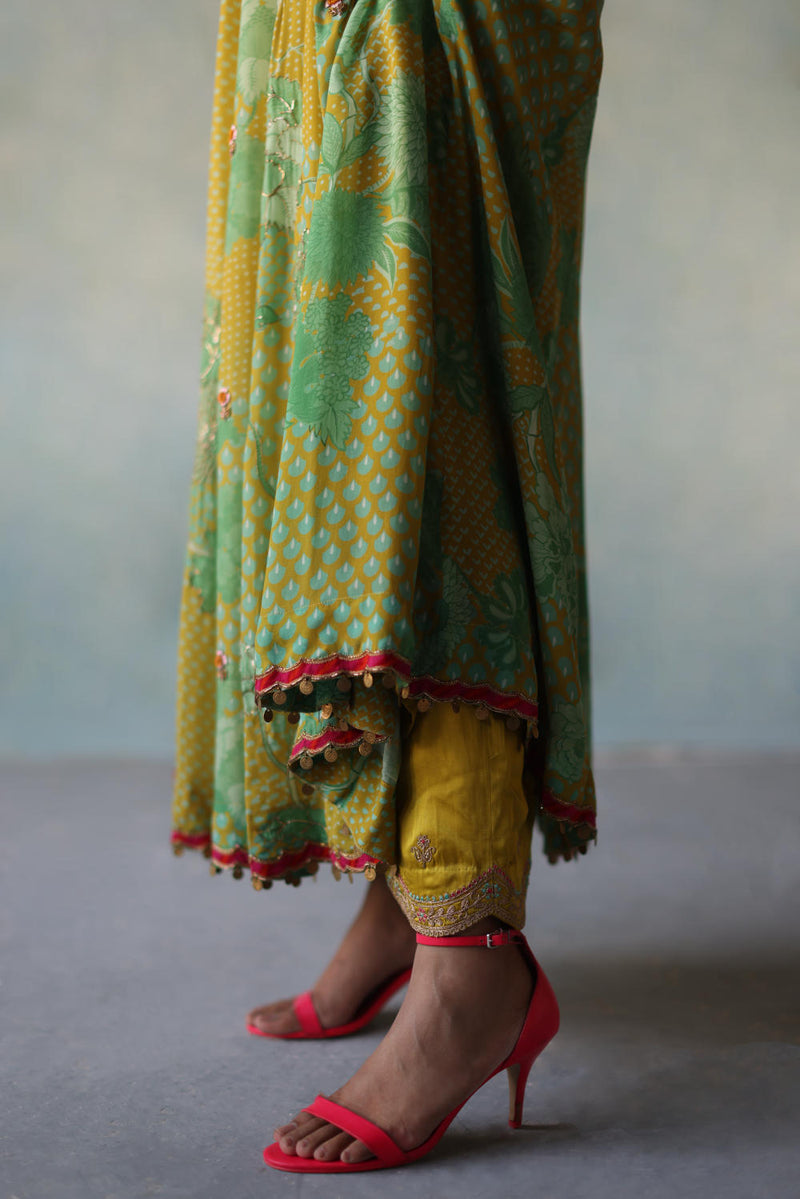 GUL LIME -SAGE GREEN PRINTED CREPE SHORT YOKE ANARKALI SET by Rajiramniq for women Worldwide