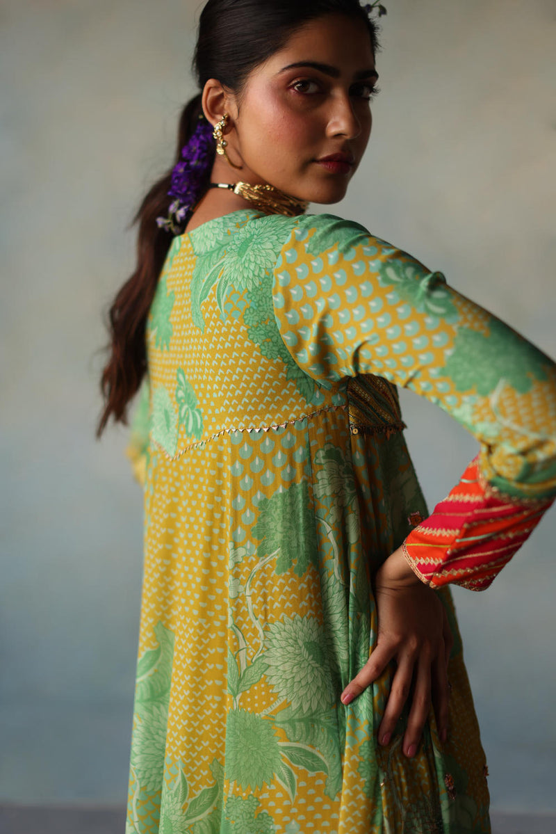 GUL LIME -SAGE GREEN PRINTED CREPE SHORT YOKE ANARKALI SET by Rajiramniq for women Worldwide