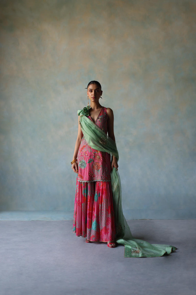 GUL BRIGHT PINK FLORAL CREPE GHARARA SET by Rajiramniq for women Worldwide