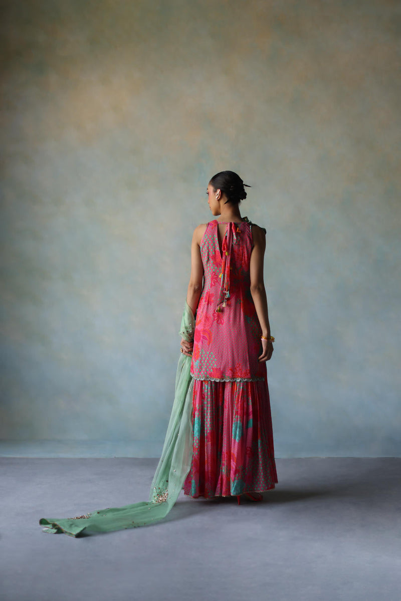 GUL BRIGHT PINK FLORAL CREPE GHARARA SET by Rajiramniq for women Worldwide