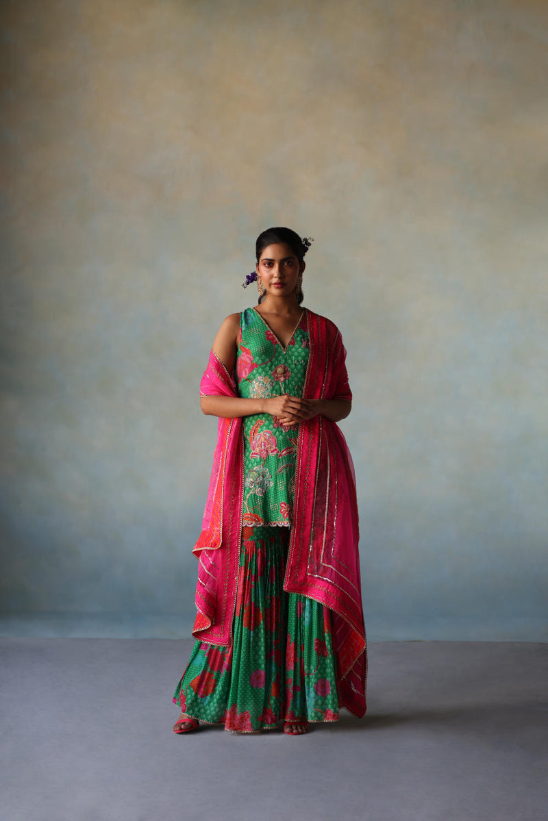 GUL GREEN FLORAL CREPE GHARARA SET by Rajiramniq for women Worldwide