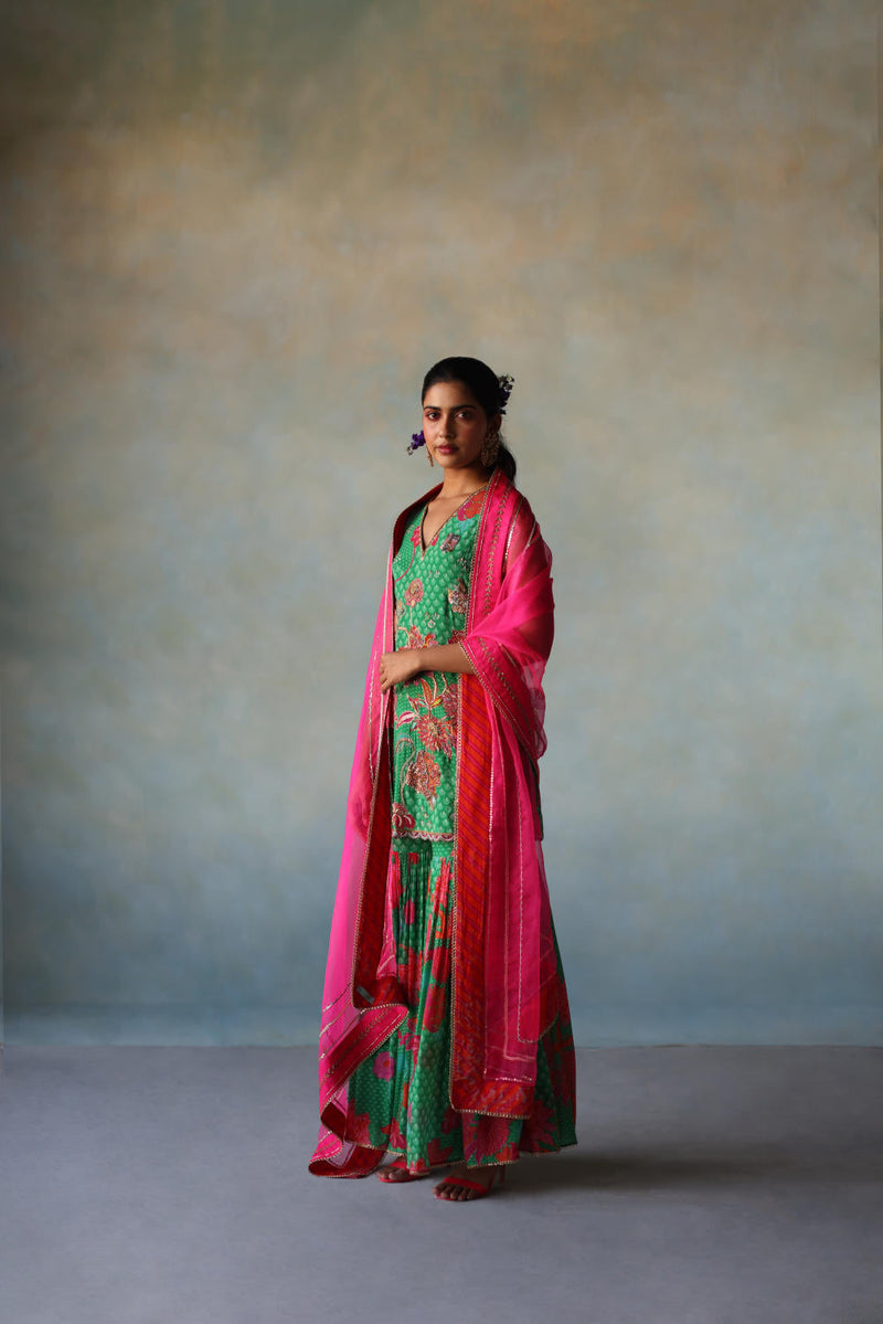 GUL GREEN FLORAL CREPE GHARARA SET by Rajiramniq for women Worldwide