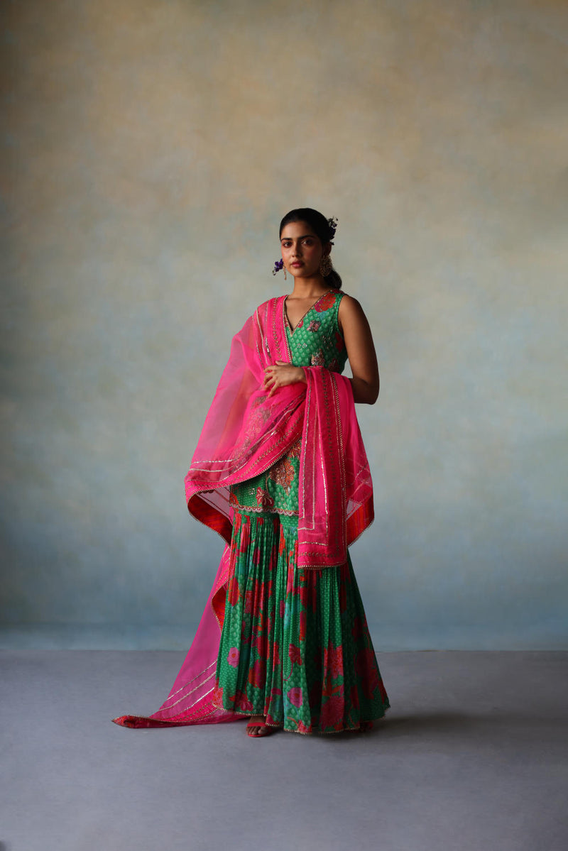 GUL GREEN FLORAL CREPE GHARARA SET by Rajiramniq for women Worldwide