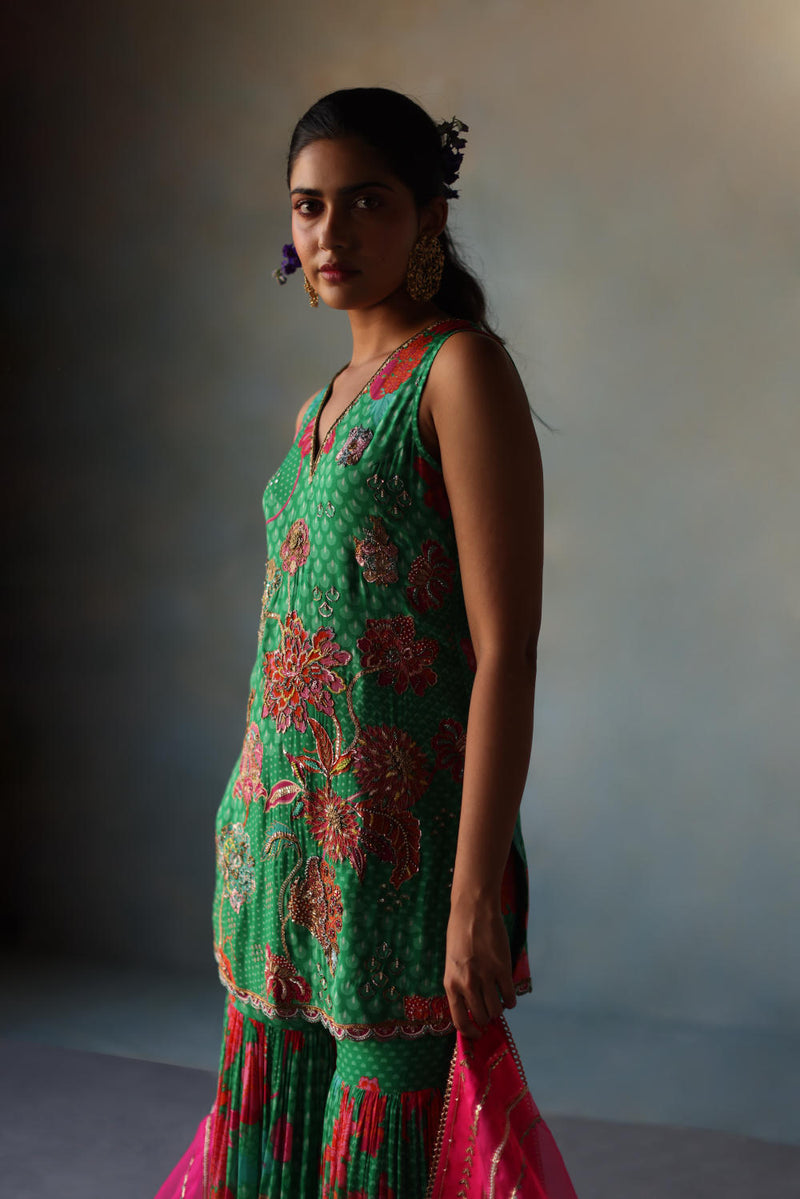 GUL GREEN FLORAL CREPE GHARARA SET by Rajiramniq for women Worldwide