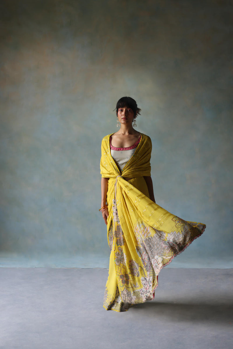 GUL YELLOW PRINTED STRIPE CREPE SARI by Rajiramniq for women Worldwide